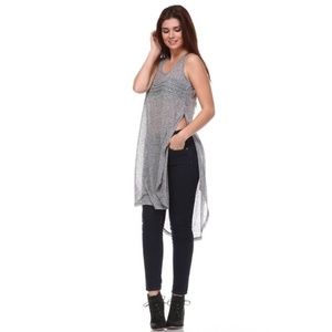 Sheer Tunic Top Long Grey Woven Blouse